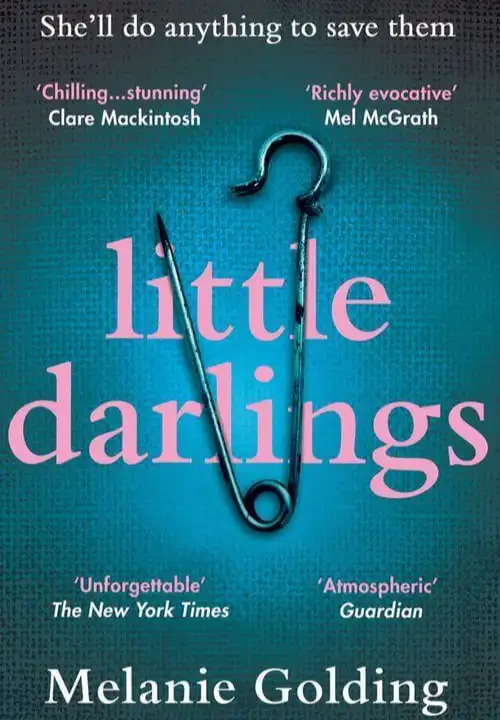 Book Cover of Little Darlings. A woven teal blue fabric is the background for the baby pink title of the book. Overlayed on the title is an open tarnished silver nappy pin.