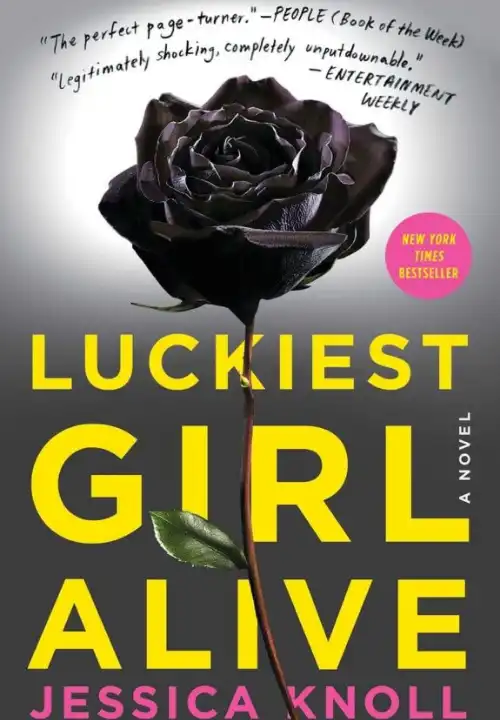 Book Cover of Luckiest Girl Alive. A single blooming black rose with one leaf stands upright on a grey background.