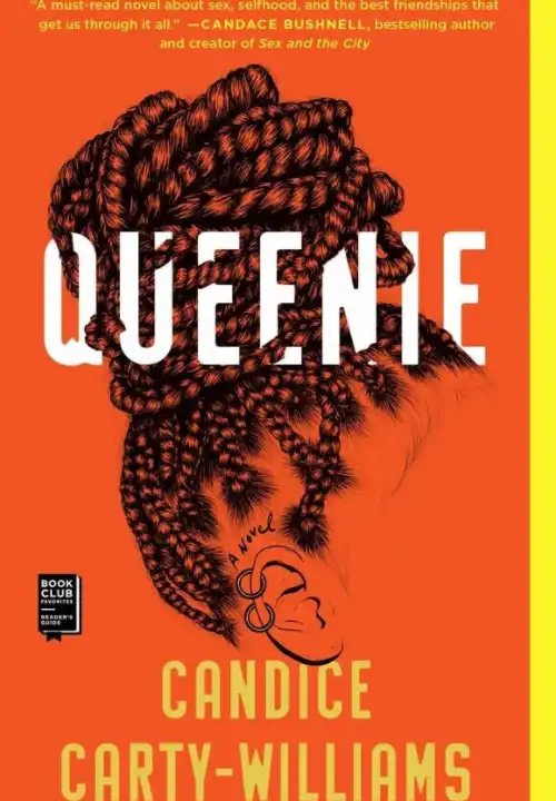 Book Cover of Queenie. An orange background shows a womans illustrated hair is piled on top of her head in a large braided bun. Woven in between the womans hair is the title of the book. Above her ear is a tattoo of A novel. The ear is pierced with two rings at the top. The woman has no other facial features. 