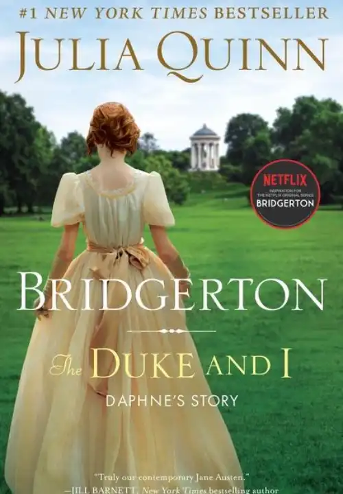 Book Cover of The Duke and I. A young white lady with brown hair is standing facing away from us, her arms are down by her side. She is wearing a regency era white dress that billows out with a bow tied at the back. She is in a garden that has a rich green lawn and a brick gazebo with a domed roof in the distance, surrounded by trees. 