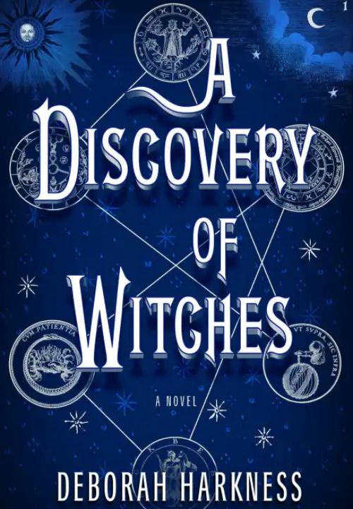 Book Cover of A Discovery of Witches. A blue background holds illustrated silver mystical symbols that are interconnected  with a single line. Silver illustrated star bursts are randomly placed around the cover.  