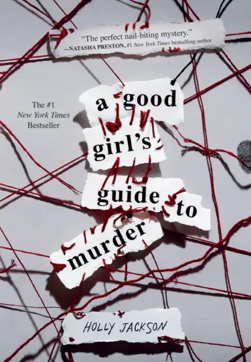 Book Cover of A Good Girls Guide to Murder. Single words making the title of the book are written on pieces of paper and are sewn together with some red thread. There are red threads lacing back and forth behind the title on an off-white background. There is a single black fingerprint on the background.