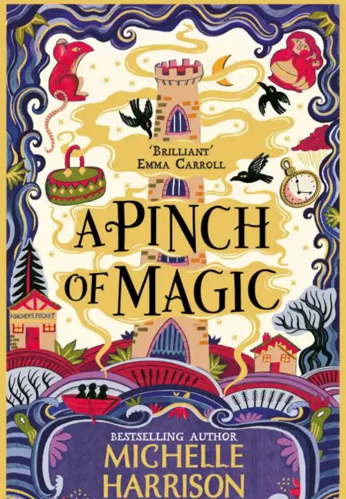 Book Cover of A Pinch of Magic. An illustrated castle tower is surrounded by yellow fog which contains the books title. Around the edges of the book are waves. A bag, set of Russian dolls, pocket watch & rat are filling in the blank spaces.