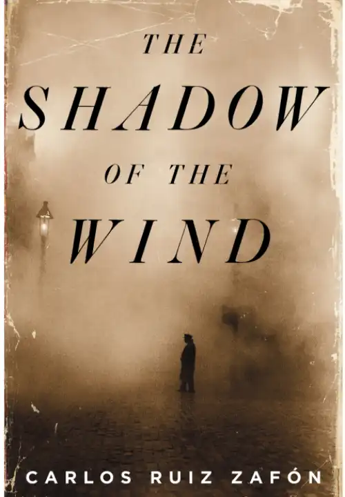 Book Cover of The Shadow of the Wind. a man stands in the sihouette of a streetlamp on a foggy evening. All you can see is the floor and the man, together with some of the streetlamp as the fog is so thick.