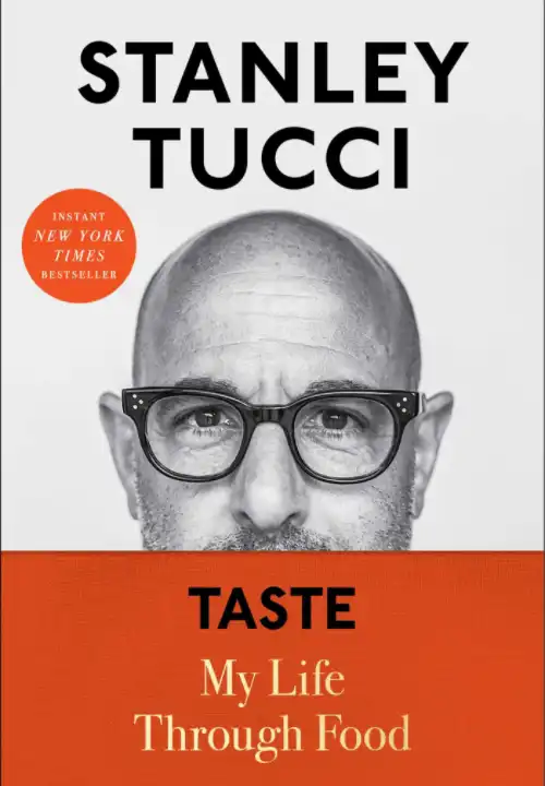 Book Cover of Taste. Stanley Tucci face is showing peeking over the title of the book. Stanley is wearing large black glasses.