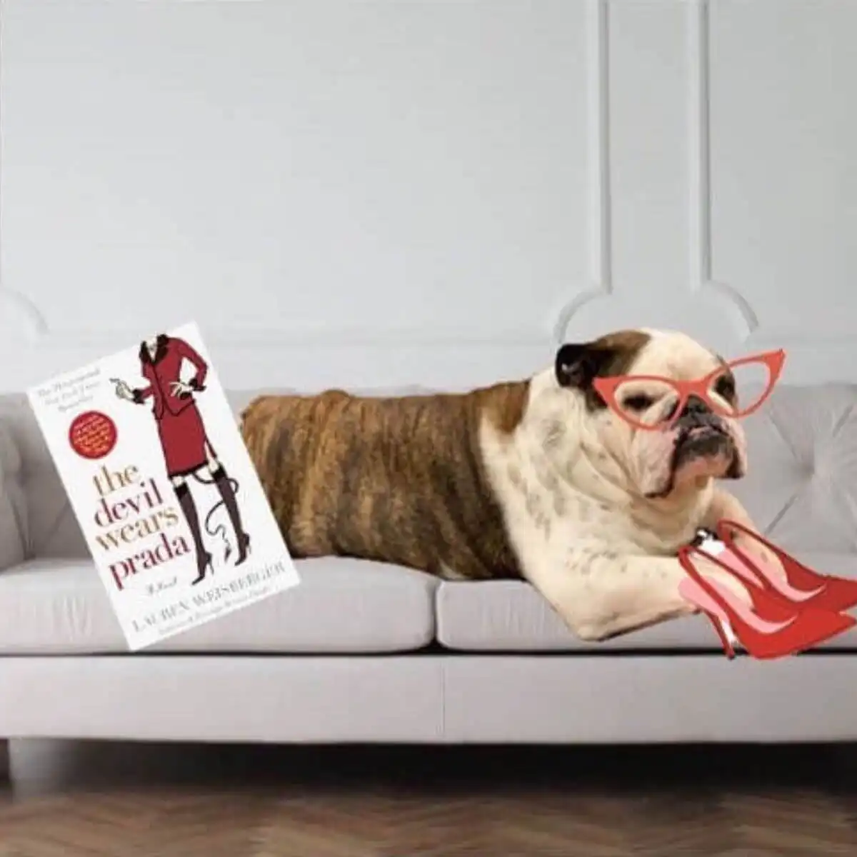 English Bulldog led out on a white sofa. The Bulldog is wearing red glasses and a pair of red high heels. There is a copy of the Devil Wears Prada placed next to the bulldog.